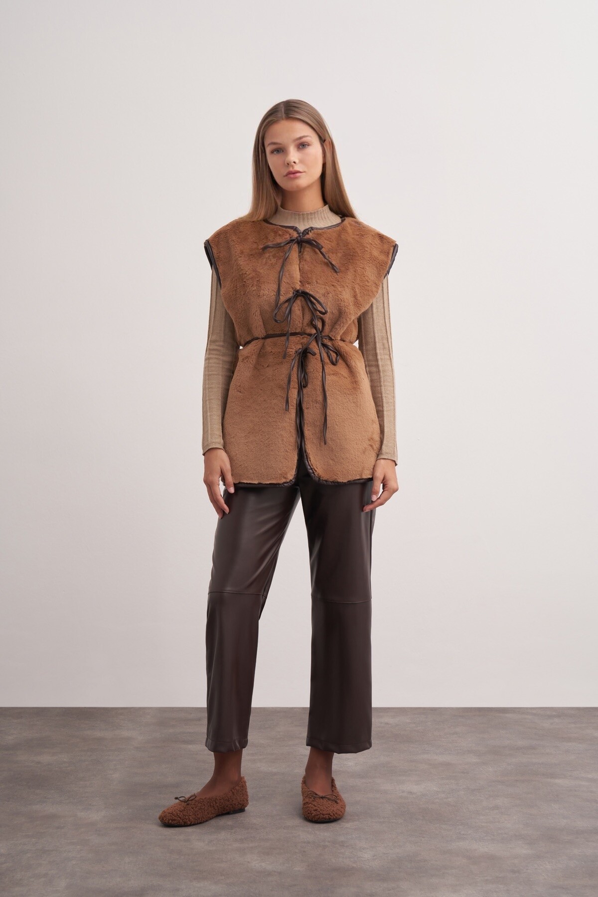 Tied Leather Detailed Plush Vest