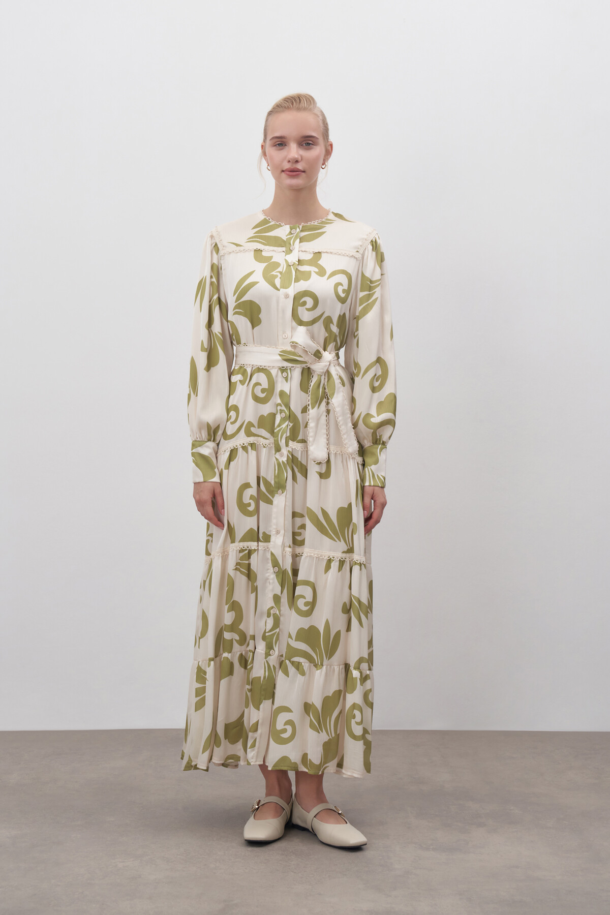 Boydan Düğmeli Desenli Elbise