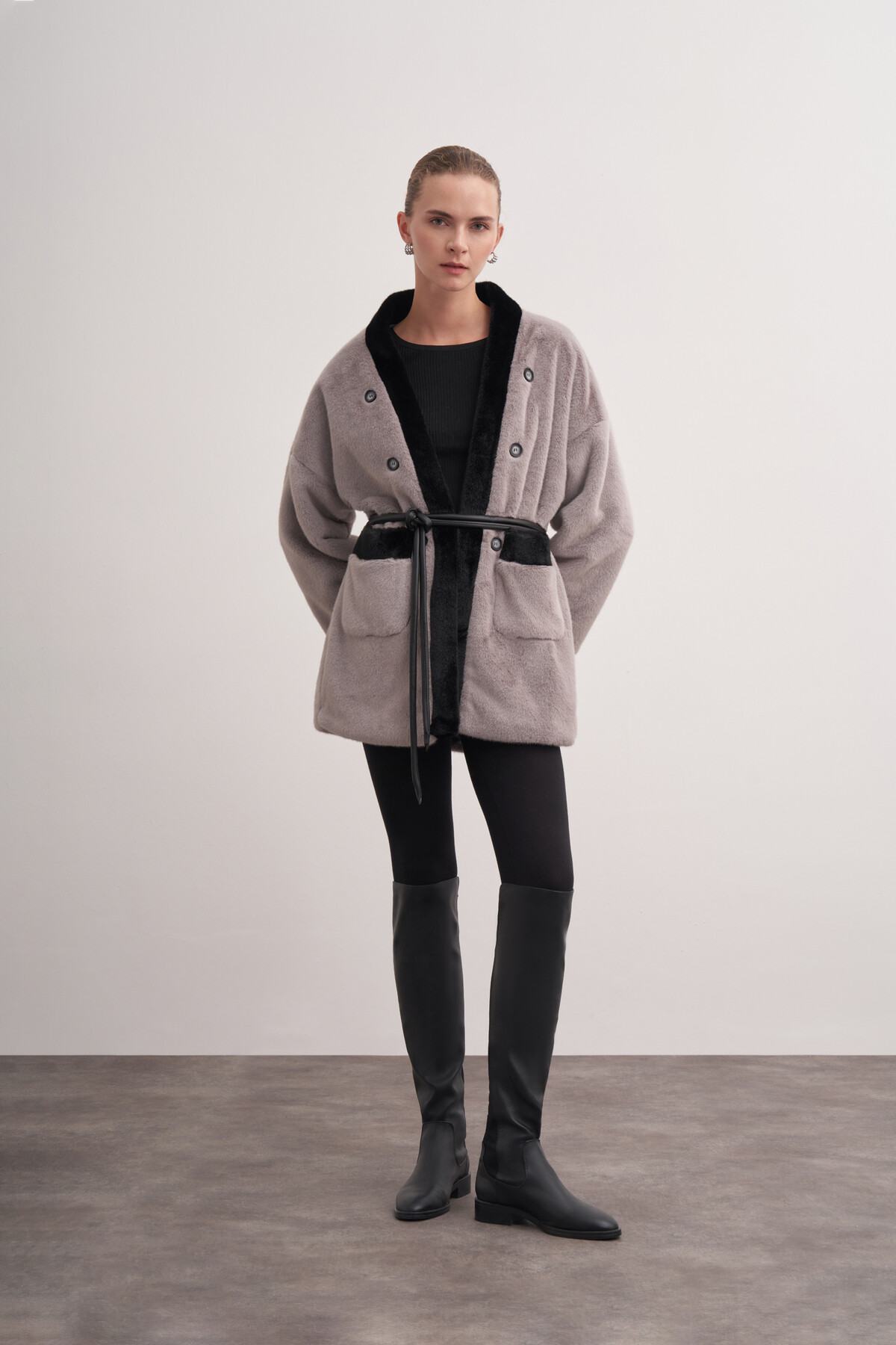 Button Detailed Plush Coat