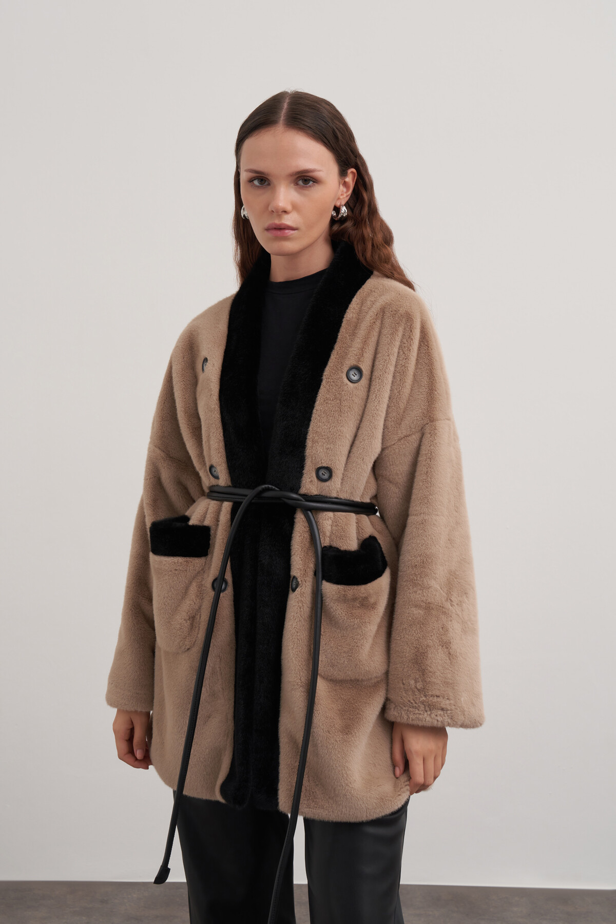 Button Detailed Plush Coat