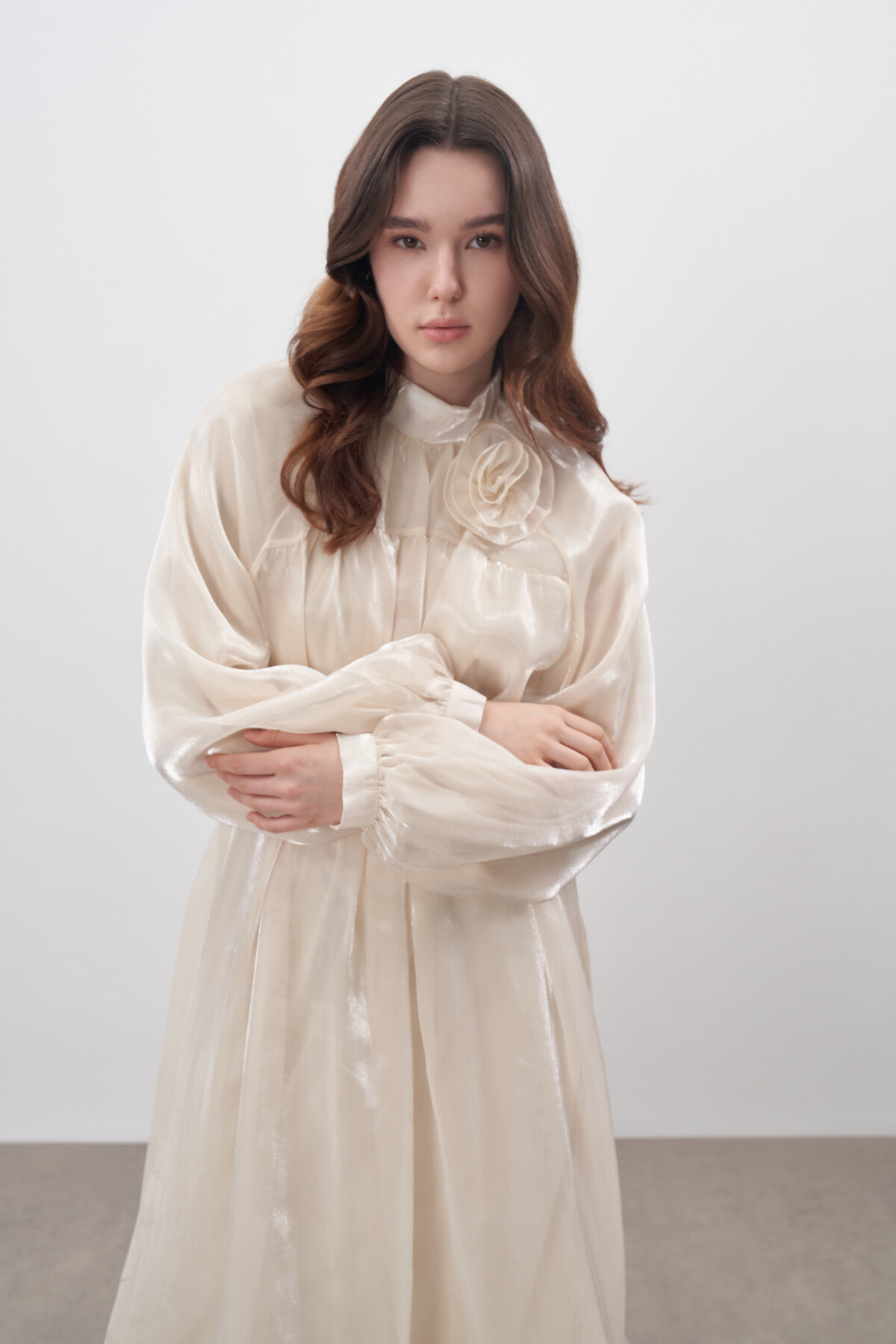 Shiny Chiffon Evening Dress with Flower Detail