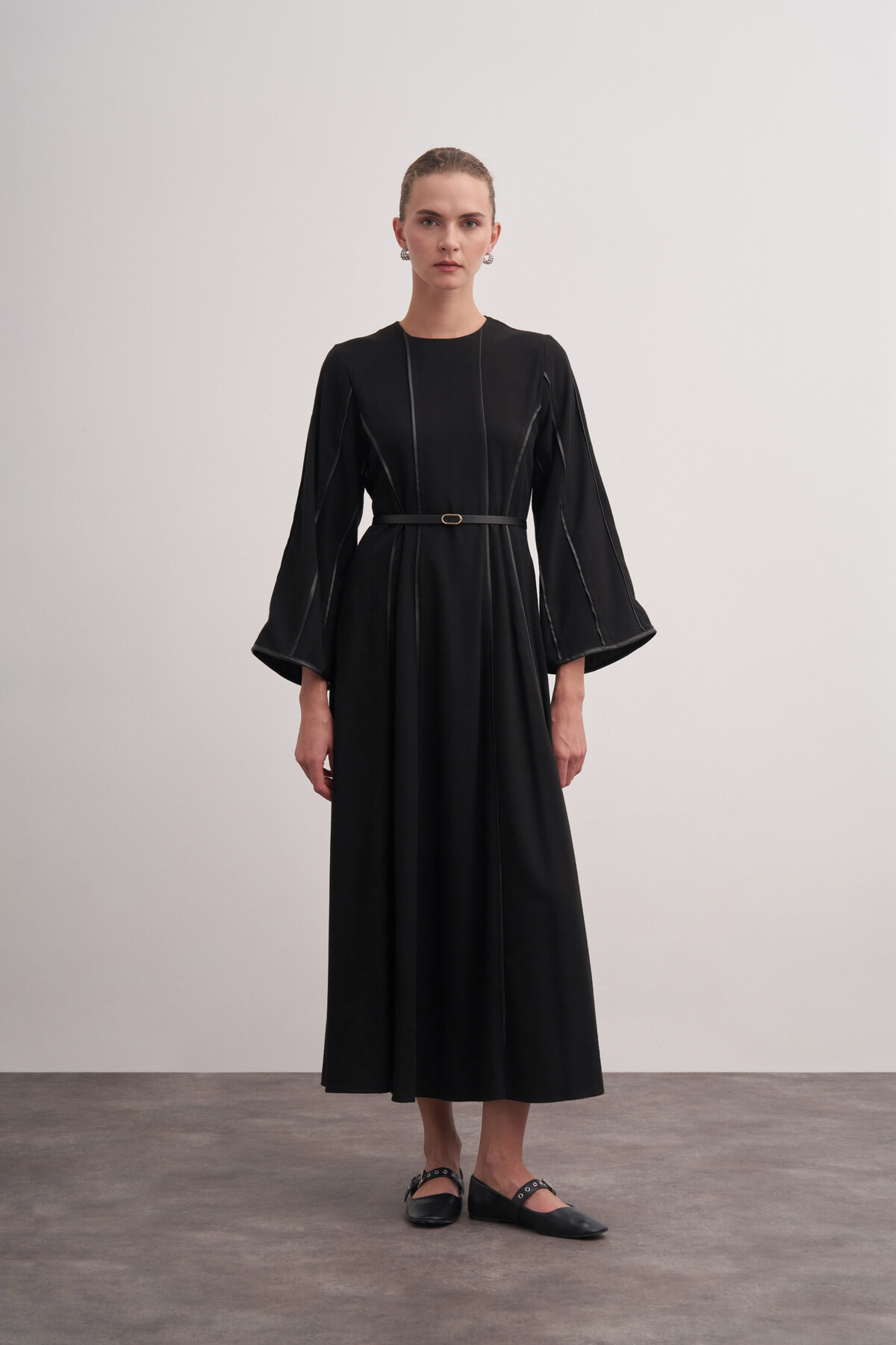 Şerit Detaylı Örme Kaşe Elbise