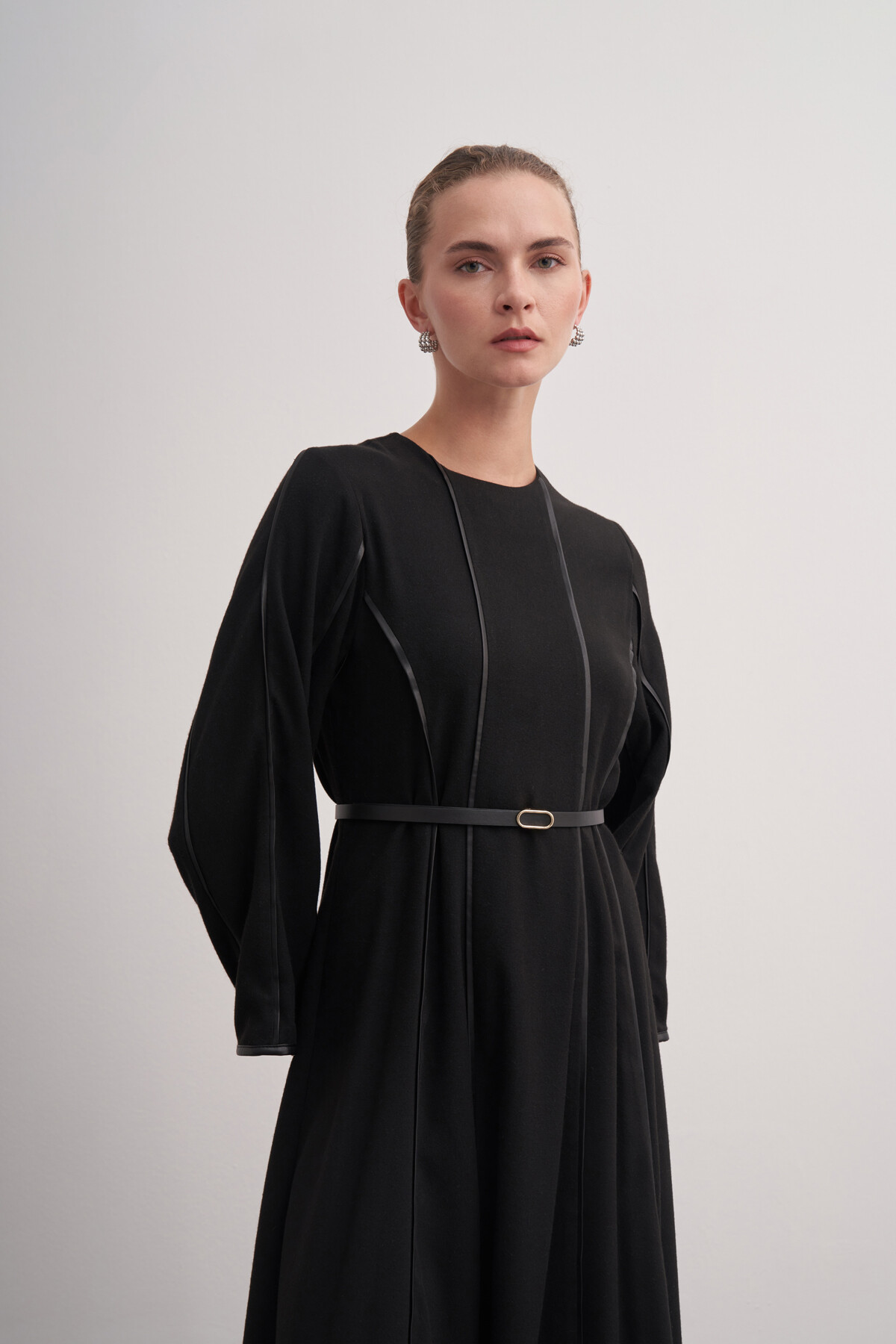 Şerit Detaylı Örme Kaşe Elbise