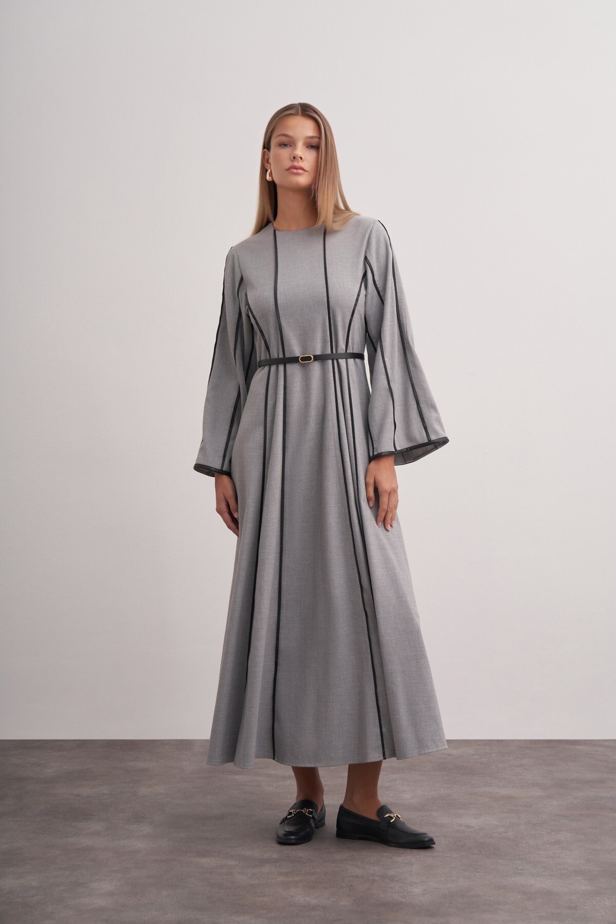 Şerit Detaylı Örme Kaşe Elbise