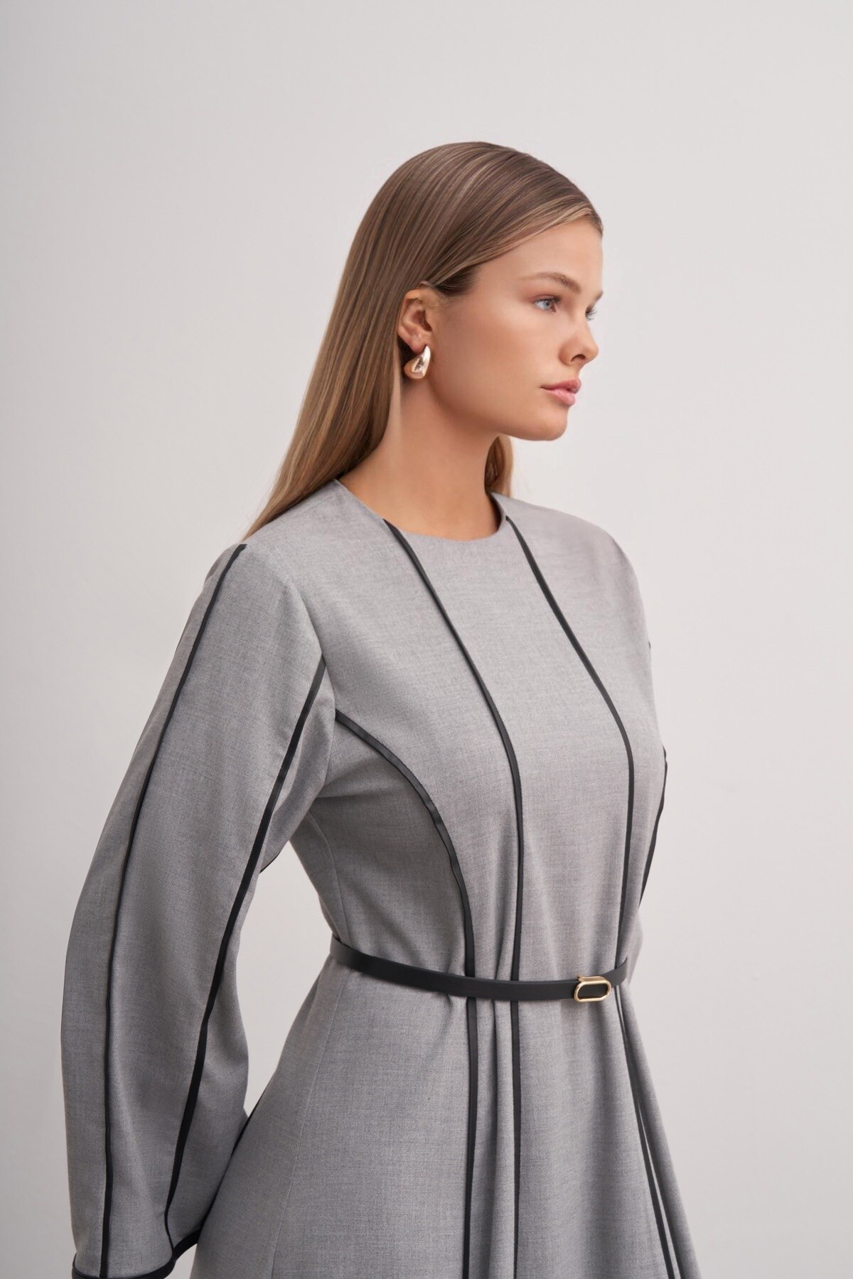 Şerit Detaylı Örme Kaşe Elbise