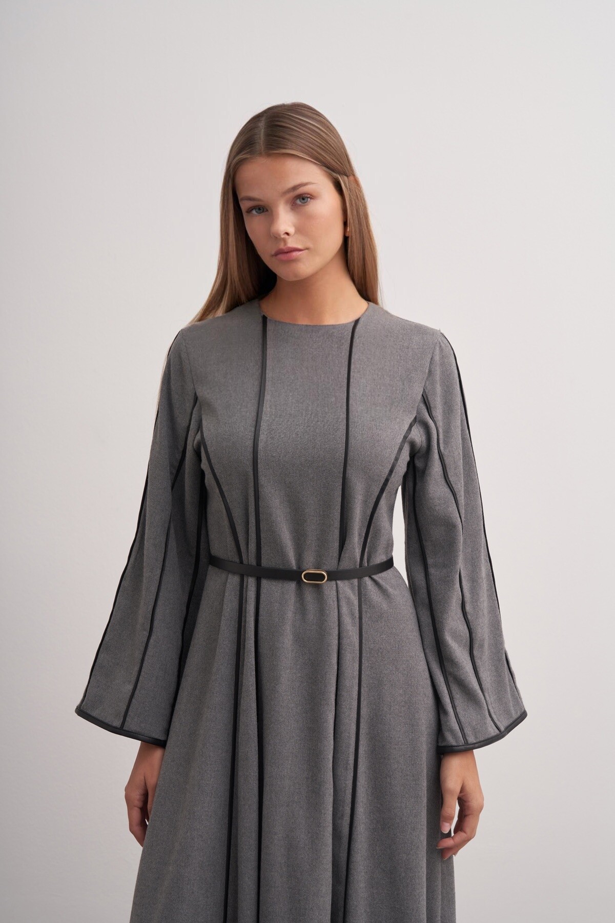 Şerit Detaylı Örme Kaşe Elbise