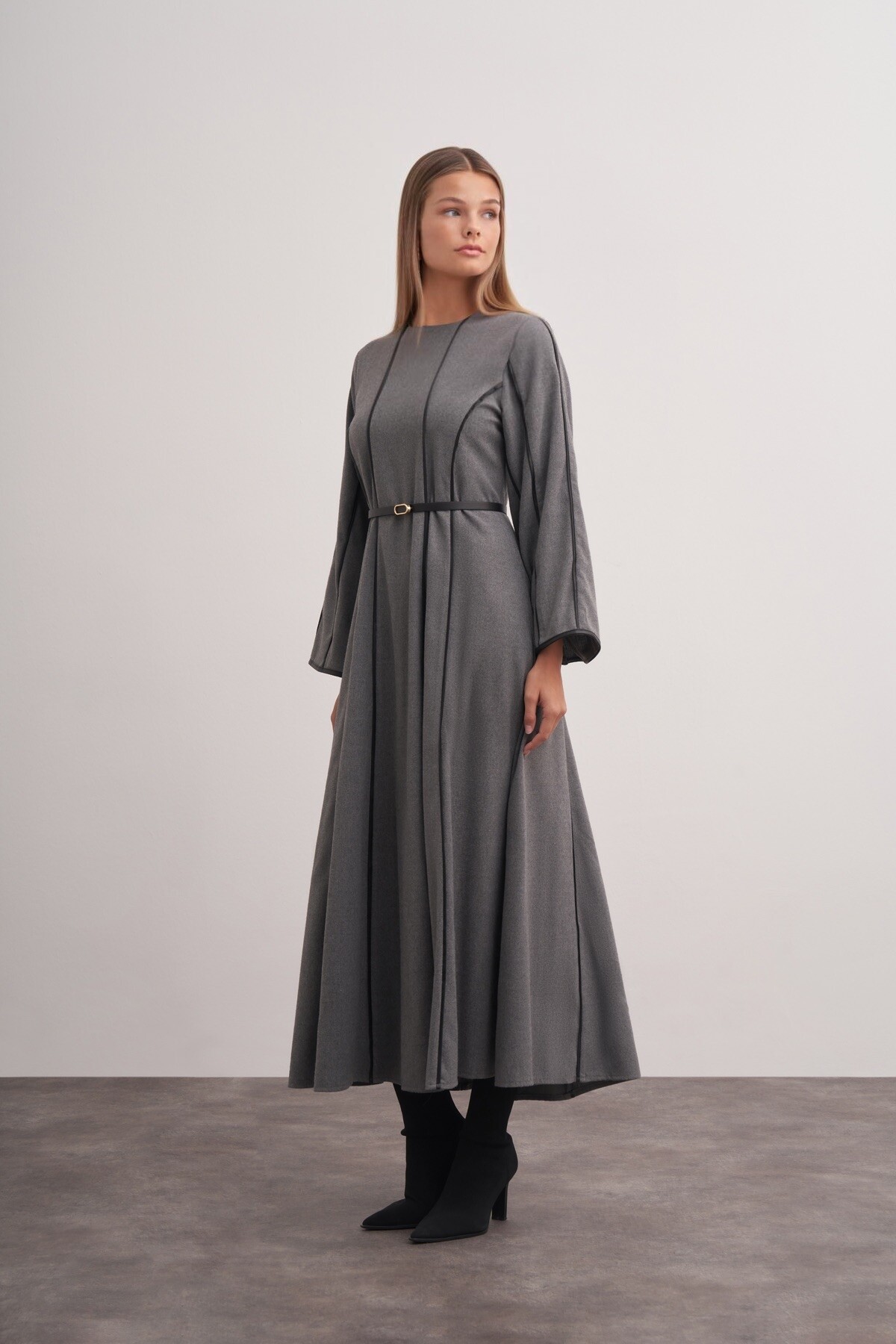 Şerit Detaylı Örme Kaşe Elbise