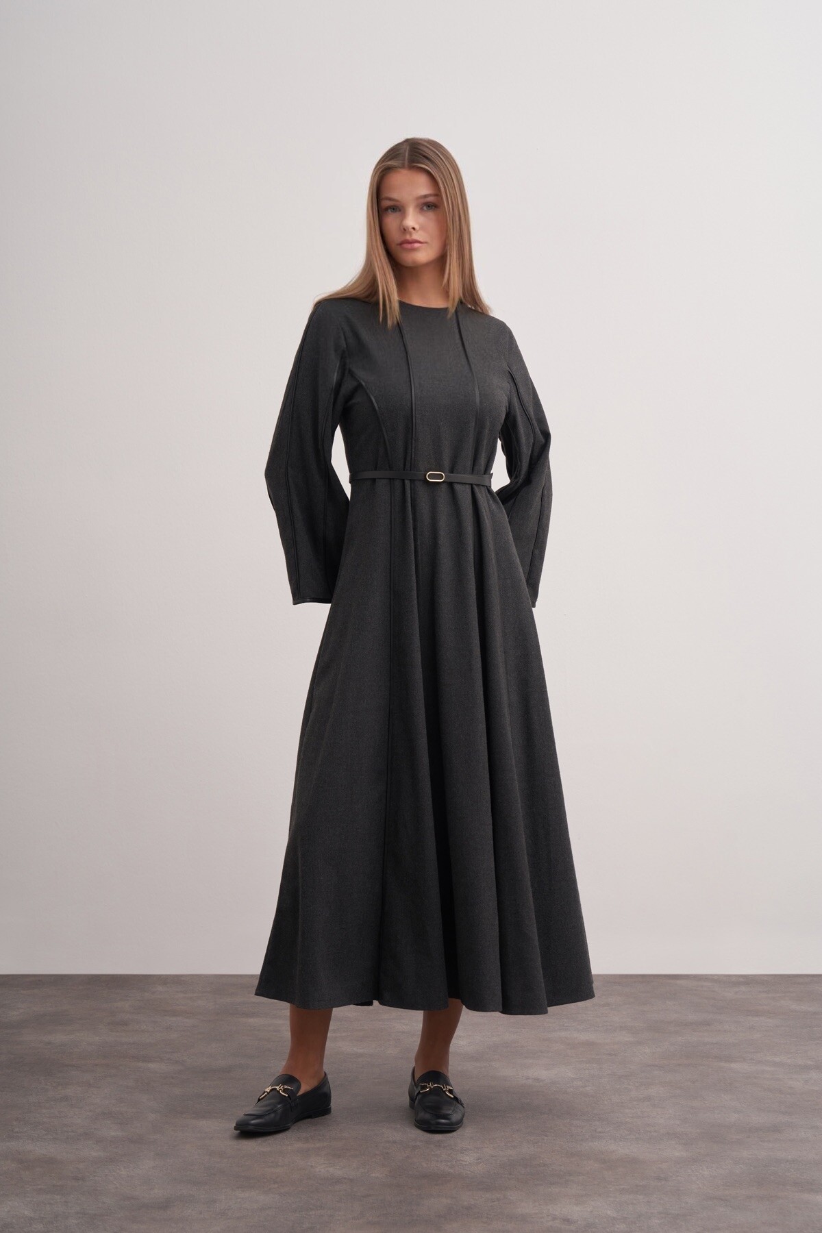 Şerit Detaylı Örme Kaşe Elbise