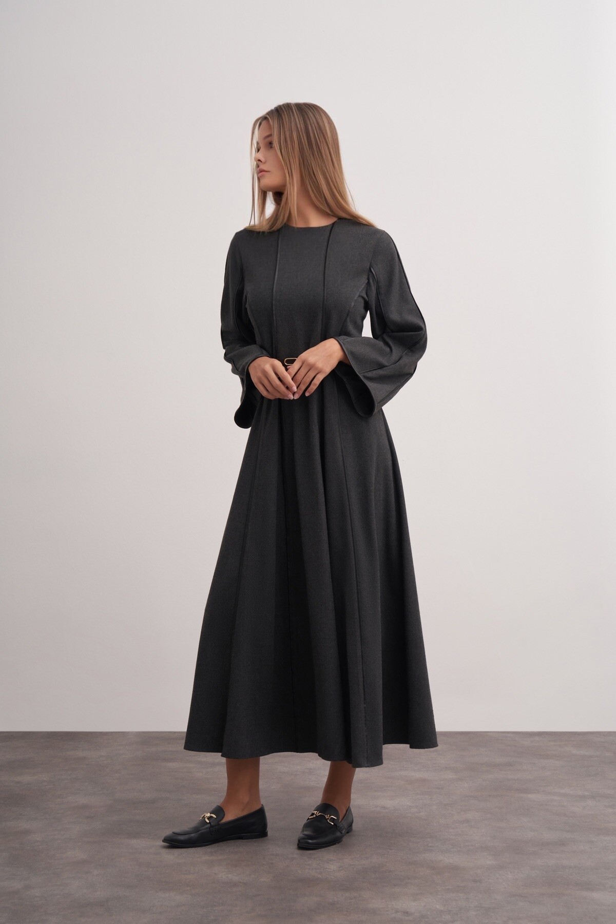 Şerit Detaylı Örme Kaşe Elbise