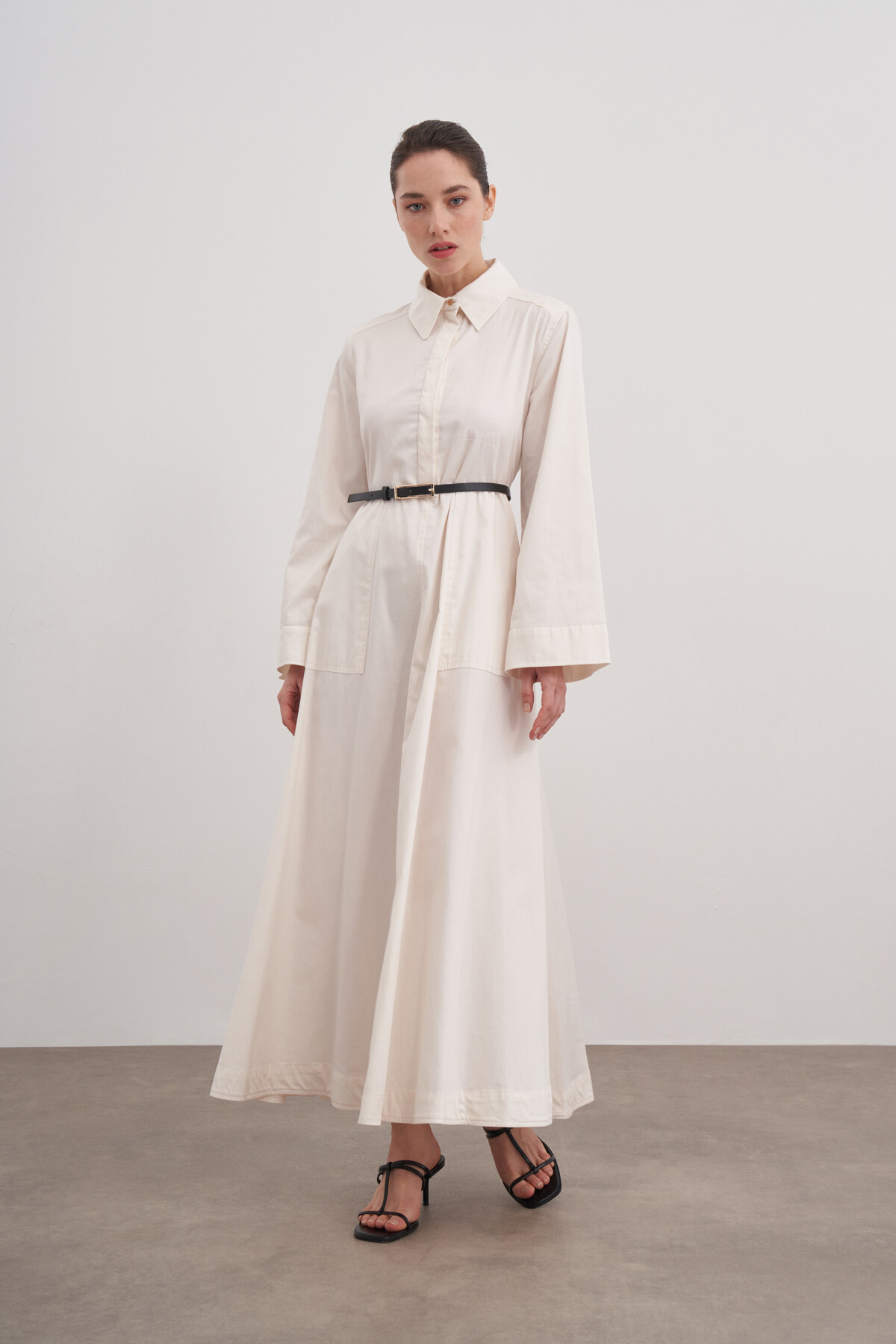 Deri Kemerli Poplin Elbise