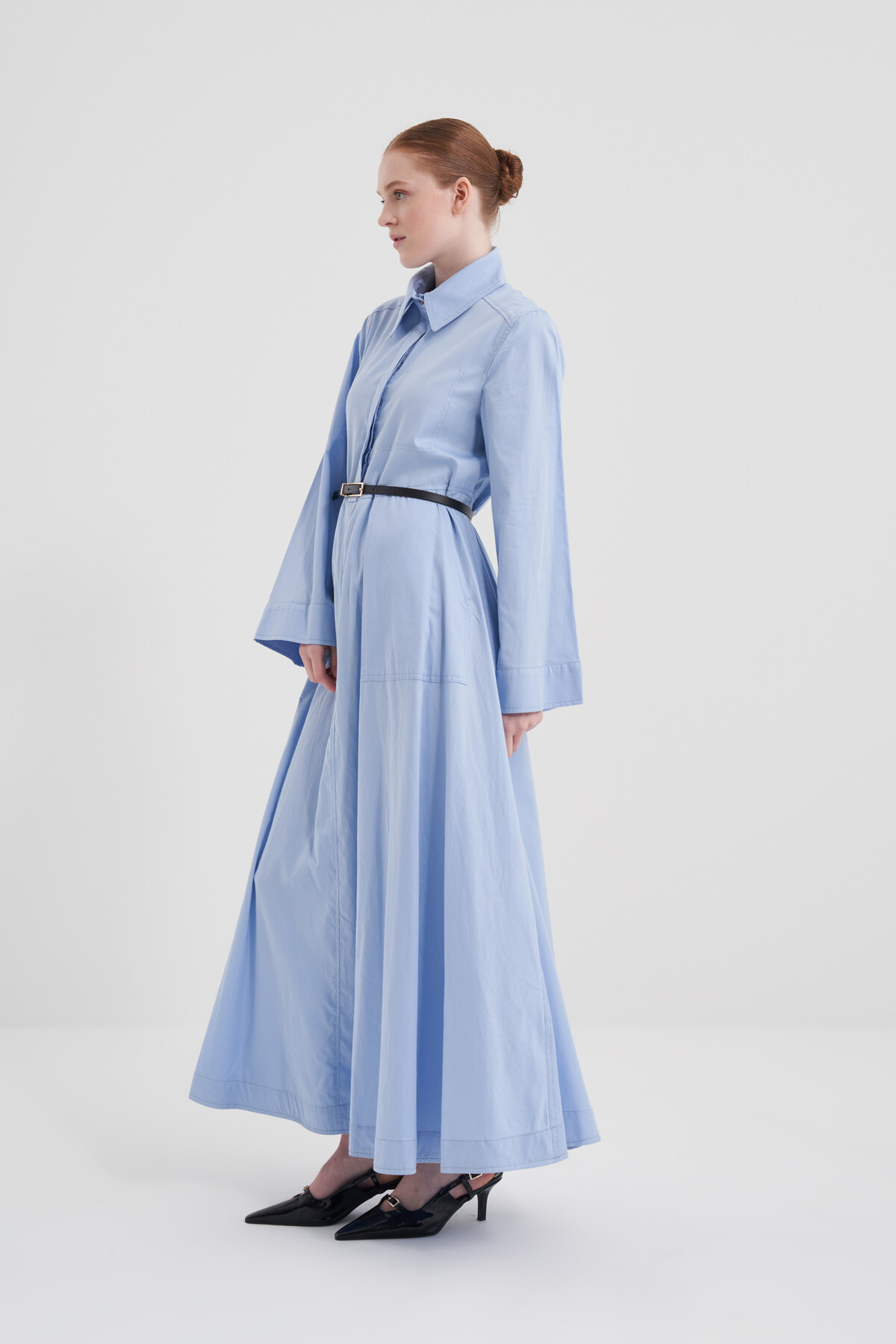 Deri Kemerli Poplin Elbise