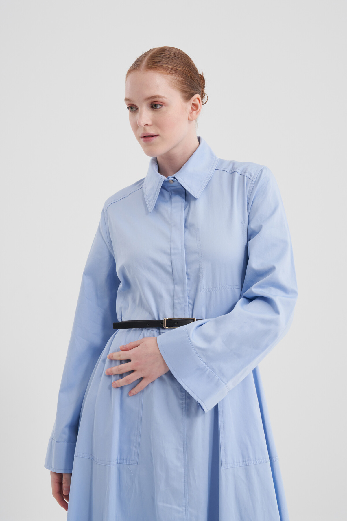 Deri Kemerli Poplin Elbise