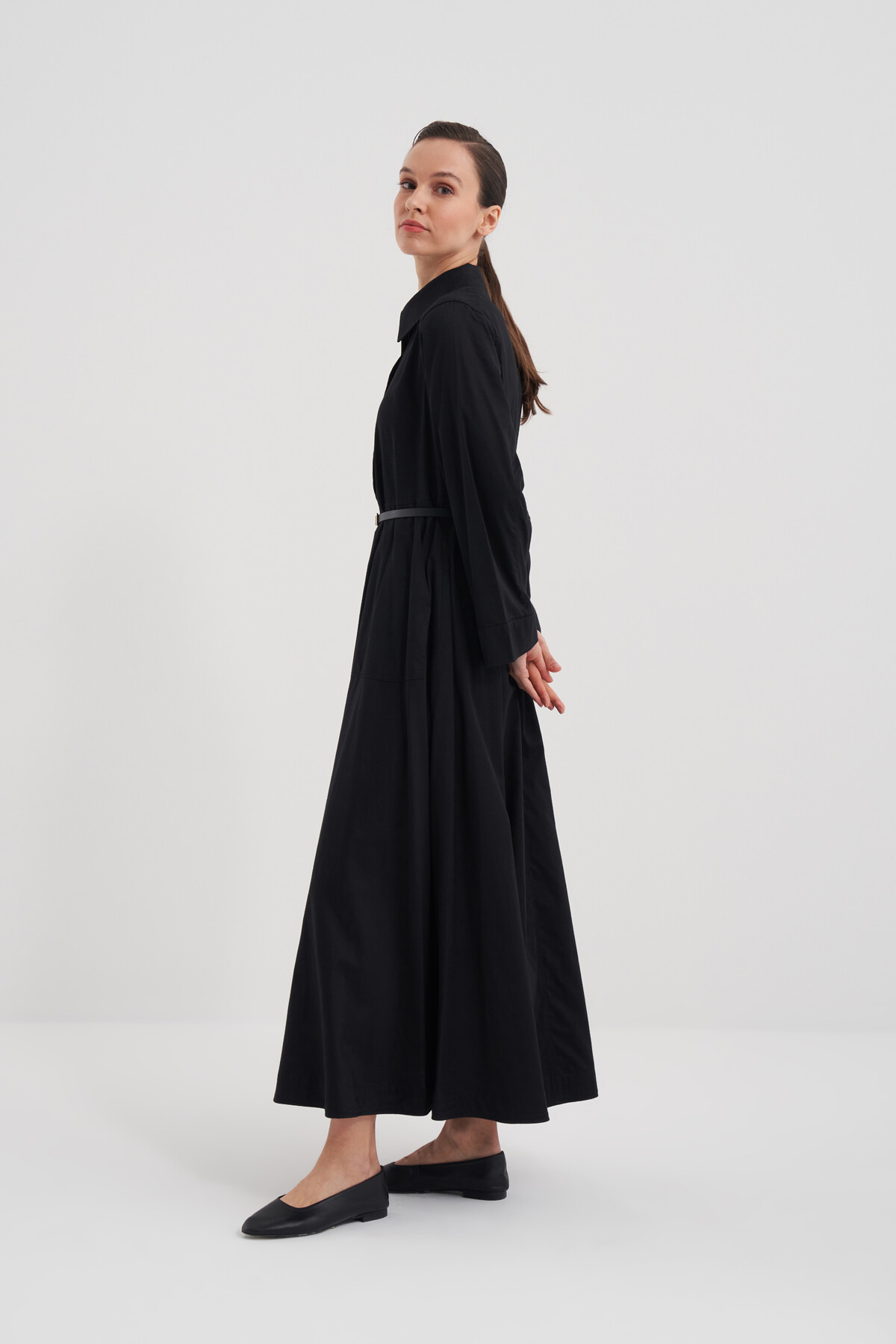 Deri Kemerli Poplin Elbise