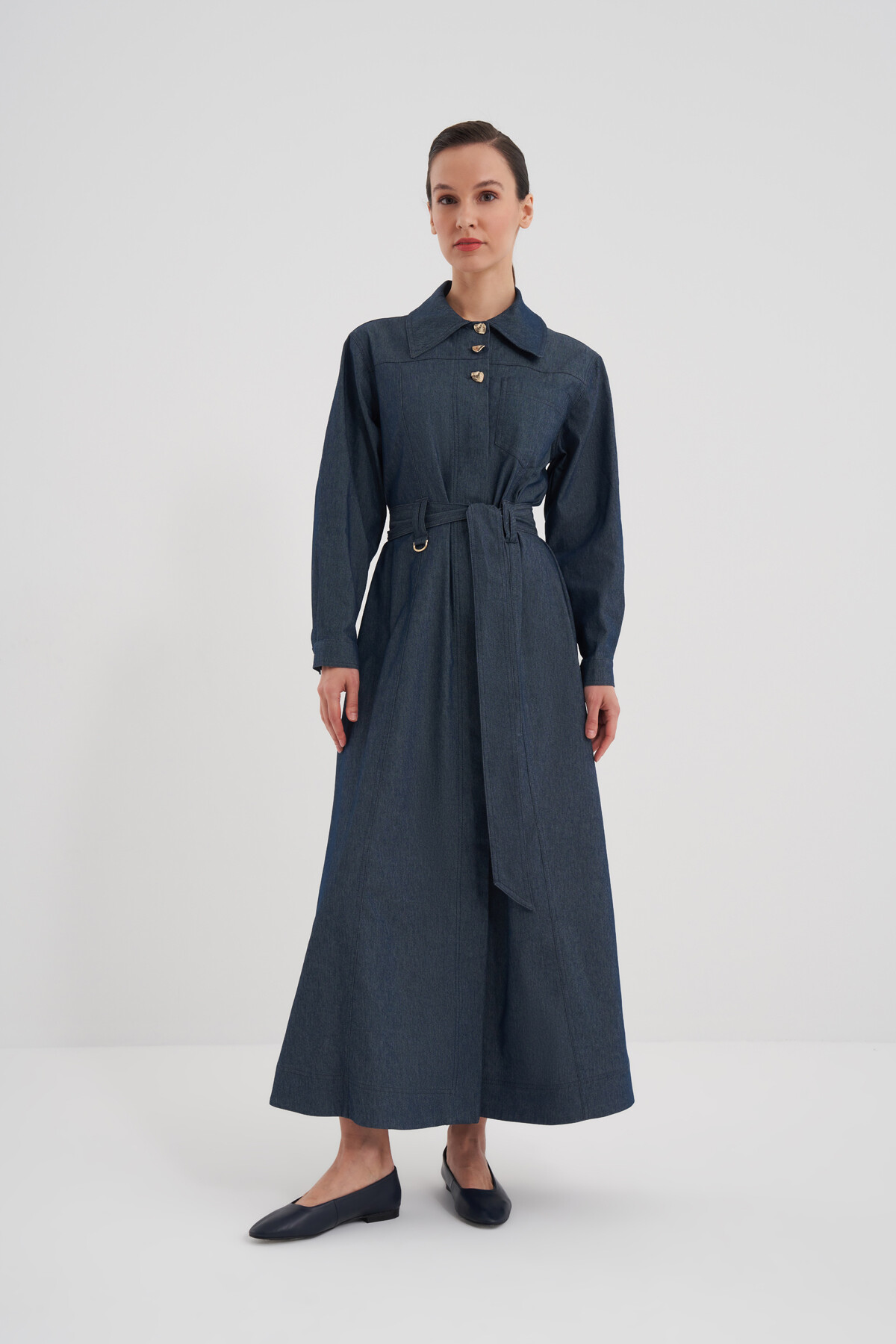 Kuşaklı Boydan Düğmeli Denim Elbise