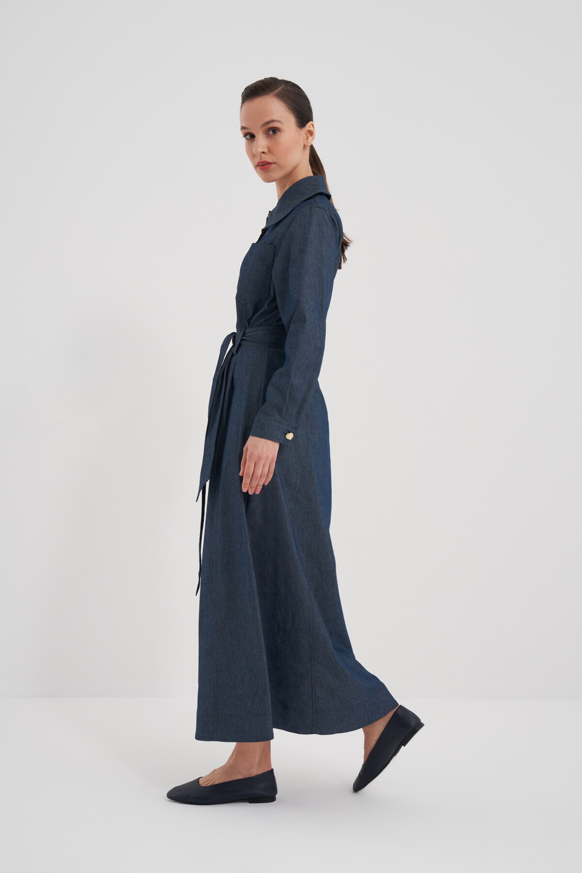 Kuşaklı Boydan Düğmeli Denim Elbise