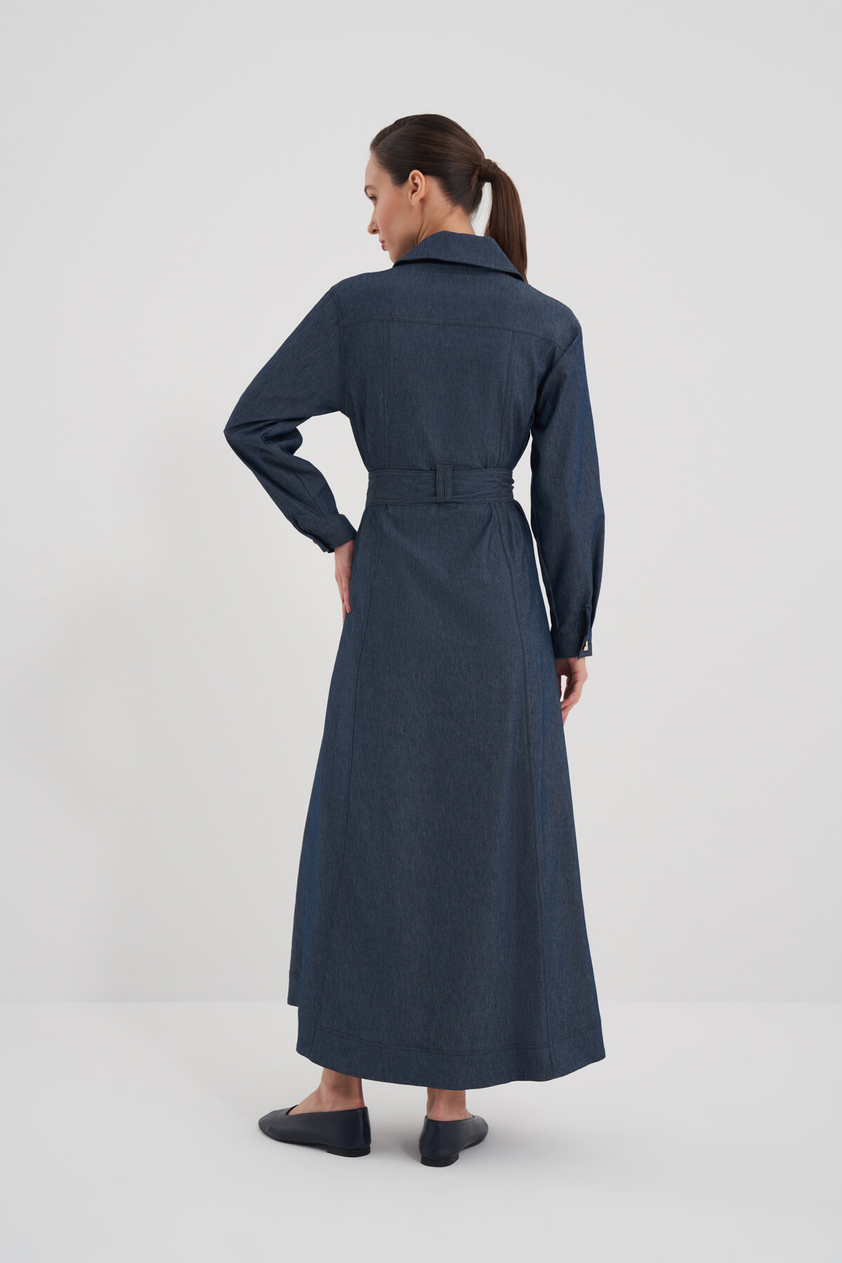 Kuşaklı Boydan Düğmeli Denim Elbise