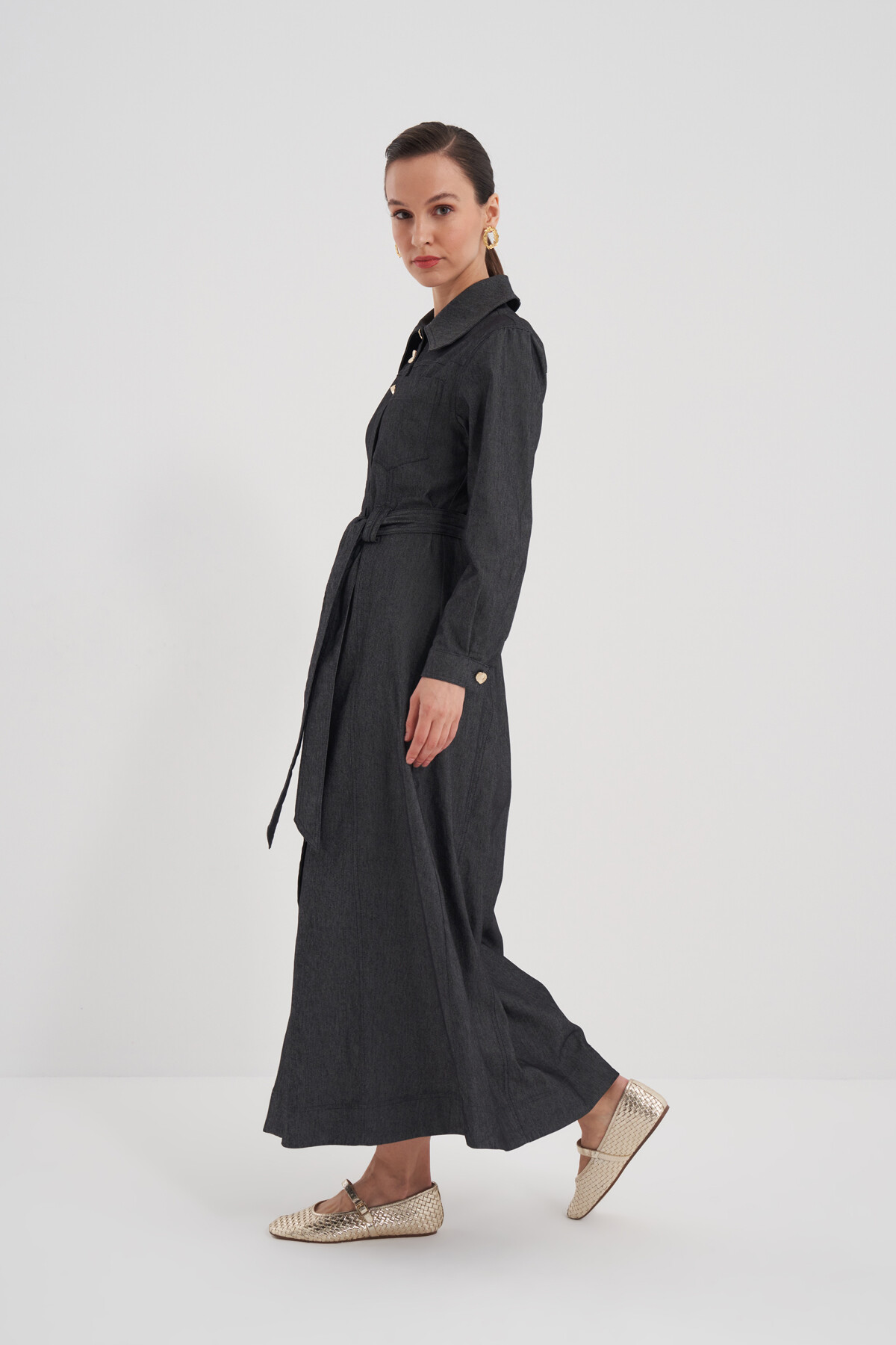 Kuşaklı Boydan Düğmeli Denim Elbise