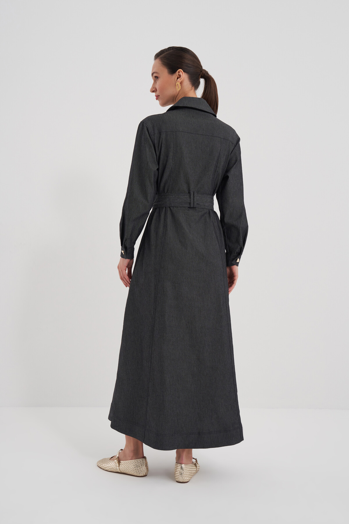 Kuşaklı Boydan Düğmeli Denim Elbise