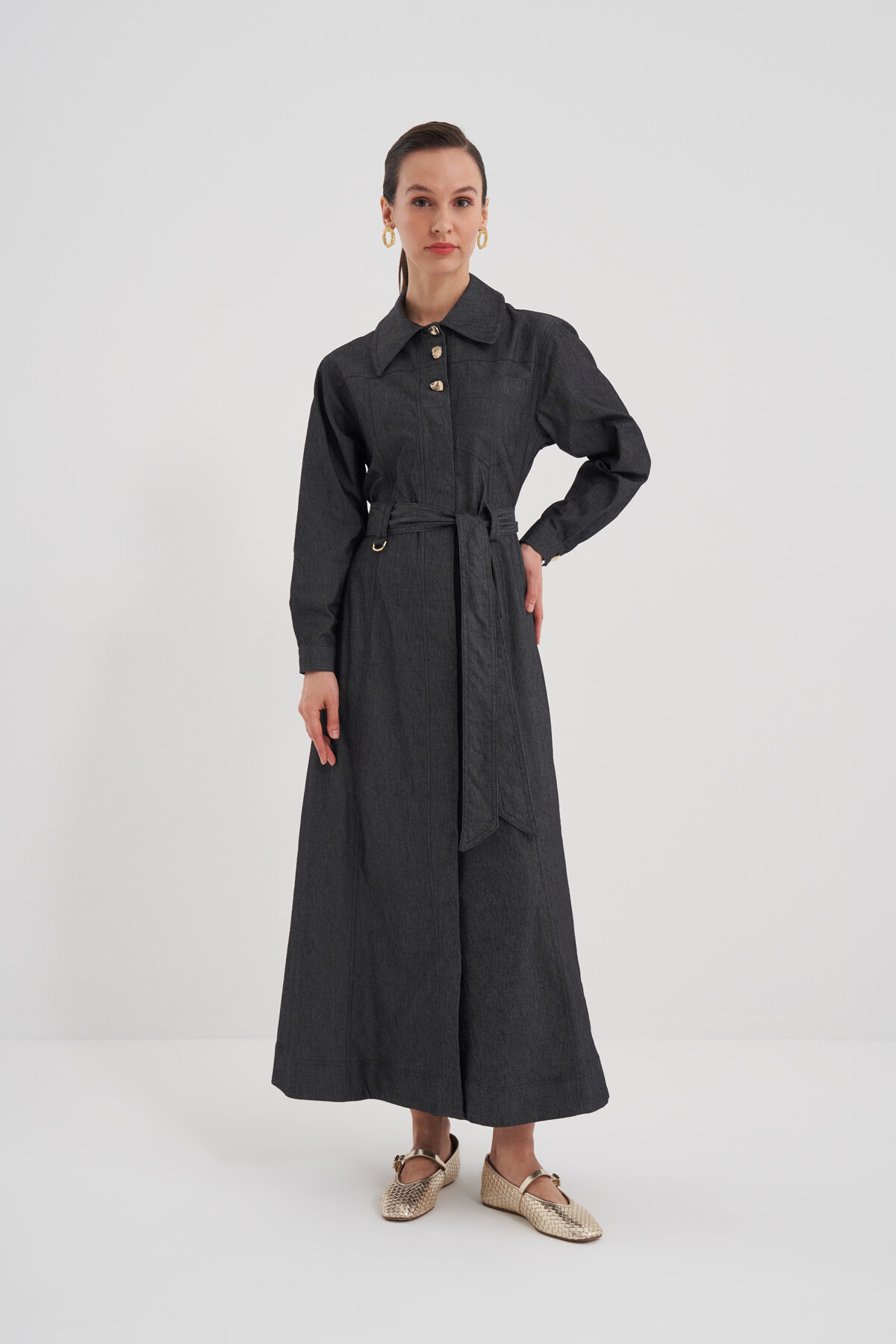 Kuşaklı Boydan Düğmeli Denim Elbise