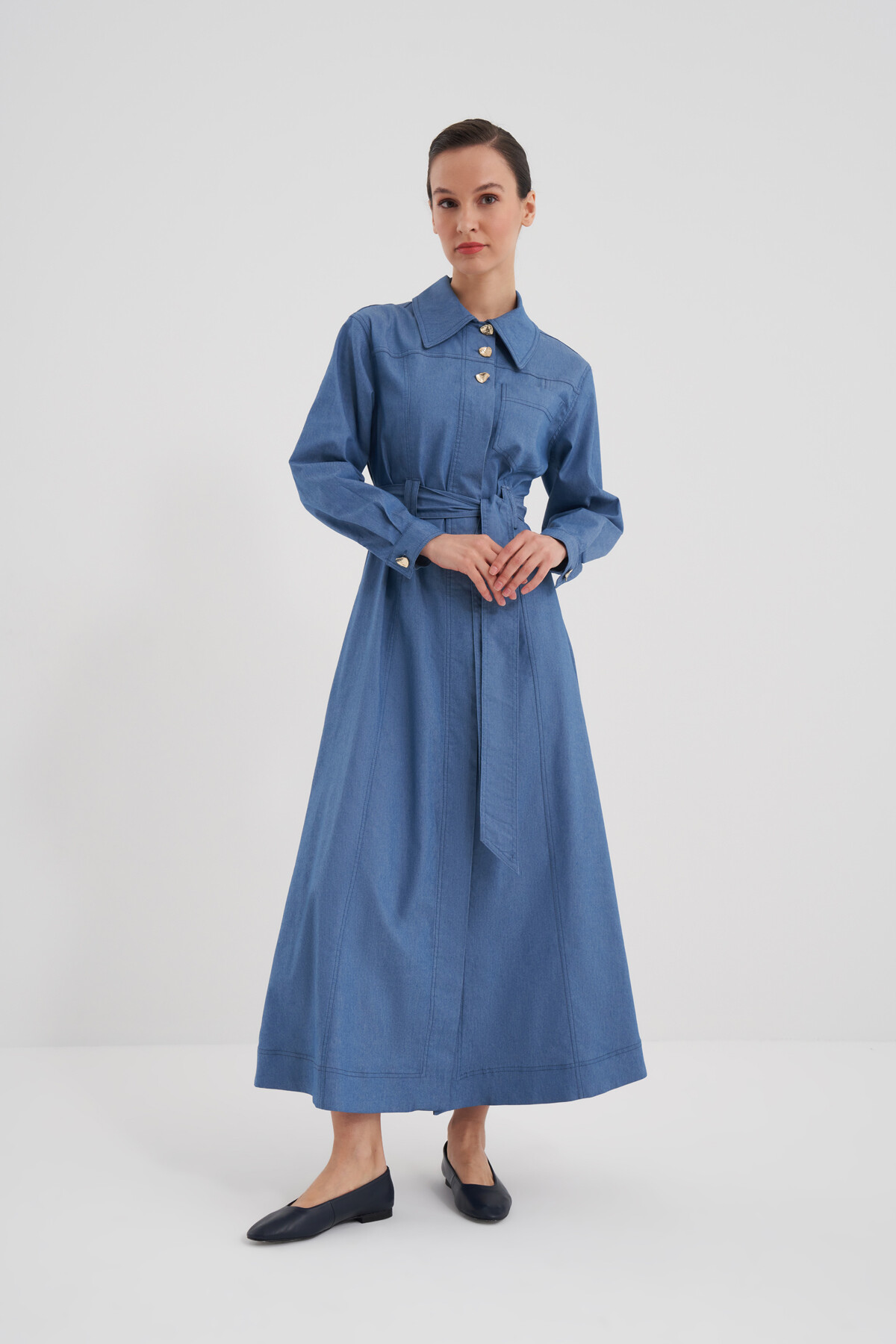 Kuşaklı Boydan Düğmeli Denim Elbise