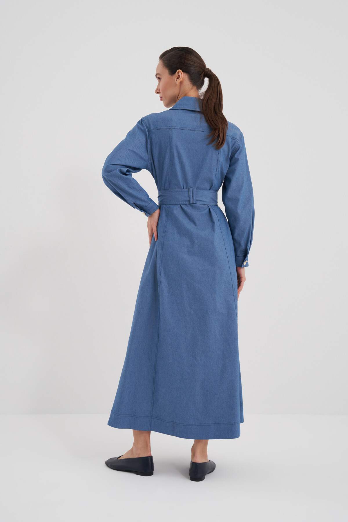 Kuşaklı Boydan Düğmeli Denim Elbise