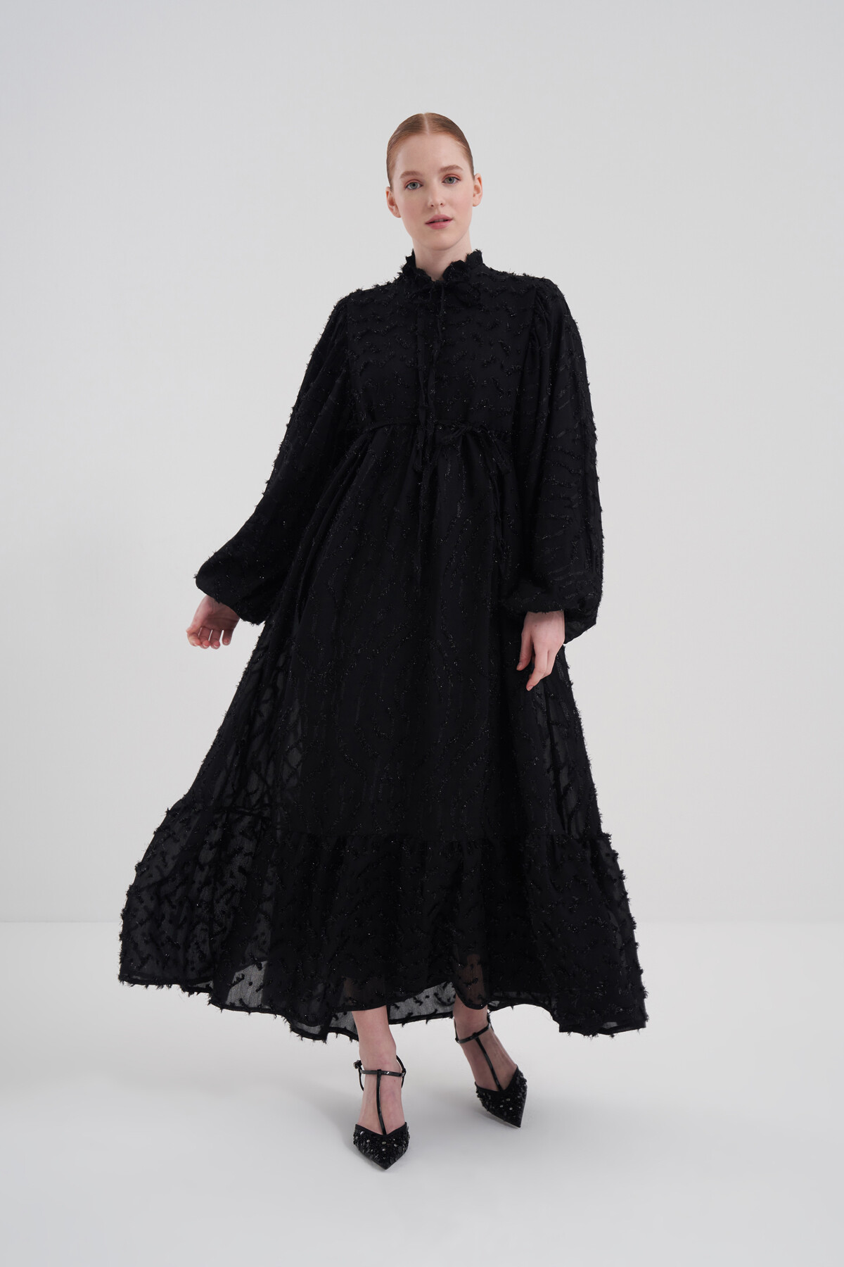 Balon Kol Simli Elbise