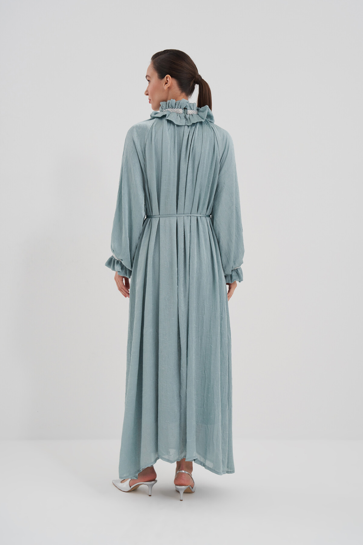 Ruffle Detailed Stone Embroidered Evening Dress