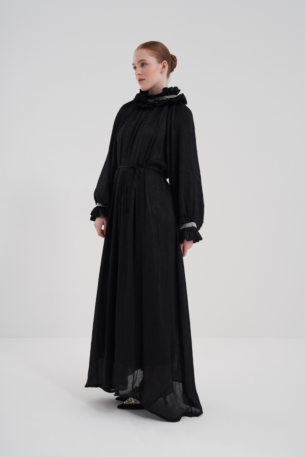 Ruffle Detailed Stone Embroidered Evening Dress