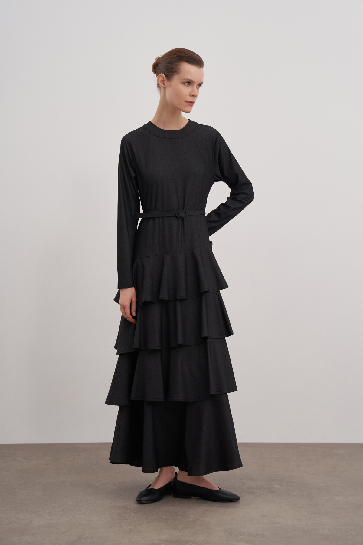 Fırfırlı Kemerli Denim Elbise