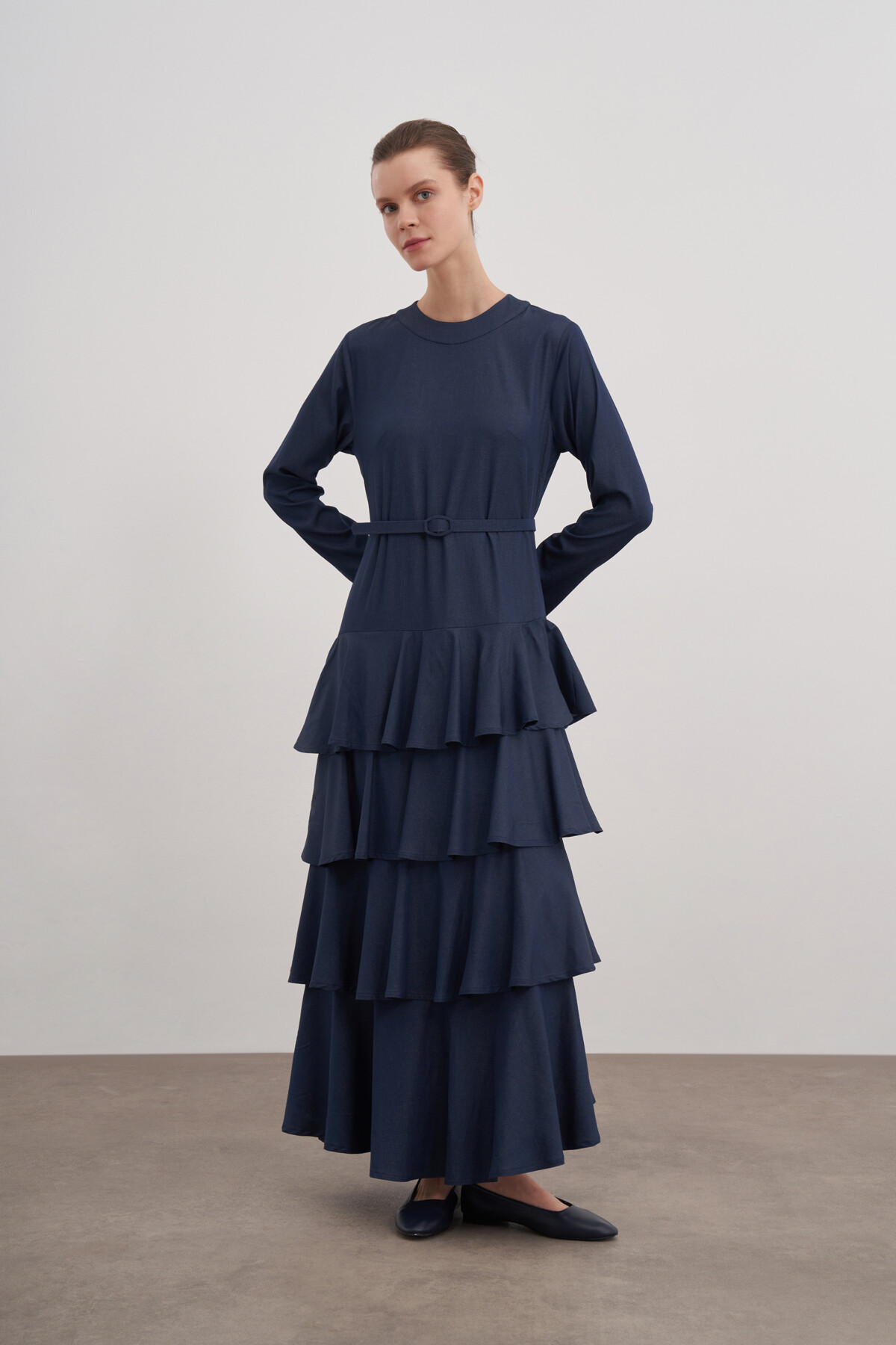 Fırfırlı Kemerli Denim Elbise