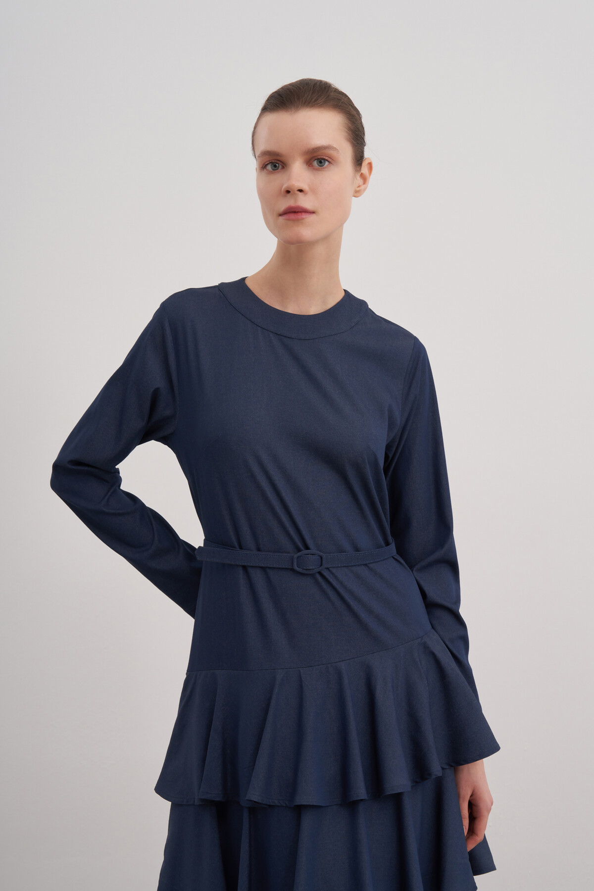 Fırfırlı Kemerli Denim Elbise