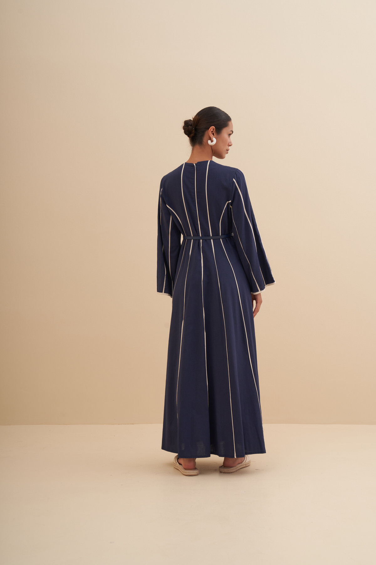 Şeritli Keten Elbise