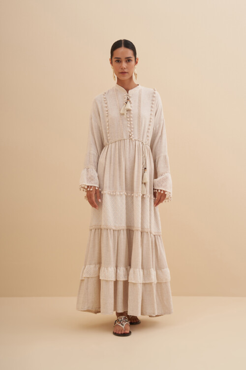 Ponpon Detaylı Keten Elbise