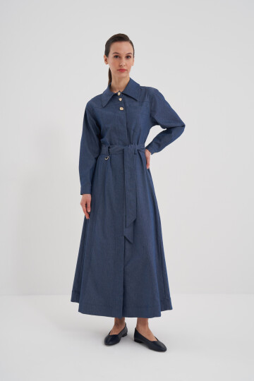 Kuşaklı Boydan Düğmeli Denim Elbise