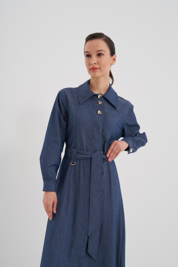 Kuşaklı Boydan Düğmeli Denim Elbise