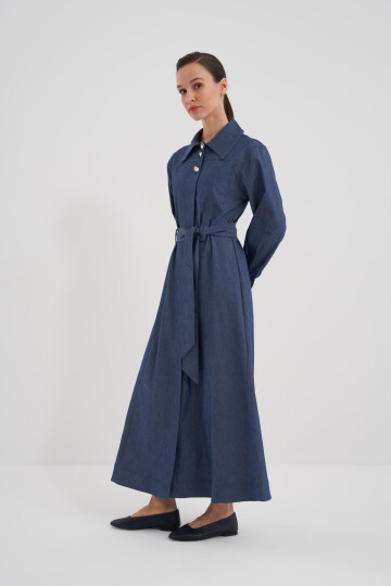 Kuşaklı Boydan Düğmeli Denim Elbise
