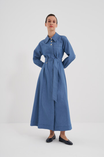 Kuşaklı Boydan Düğmeli Denim Elbise