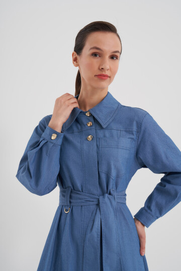 Kuşaklı Boydan Düğmeli Denim Elbise
